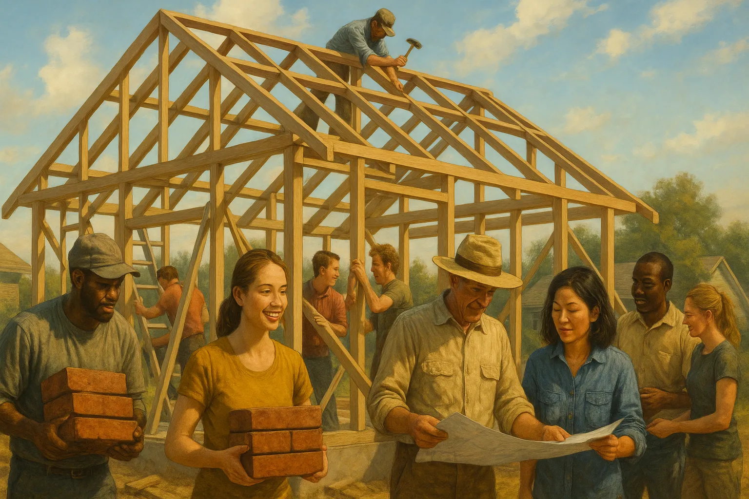 人们共同建造一座房屋，象征公义实践者参与的共同体建设