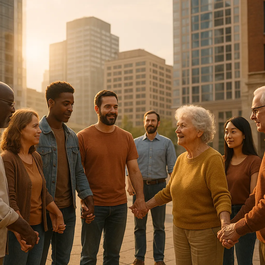 一群人围成圆圈手牵手，表达城邦中的共情与相互支持