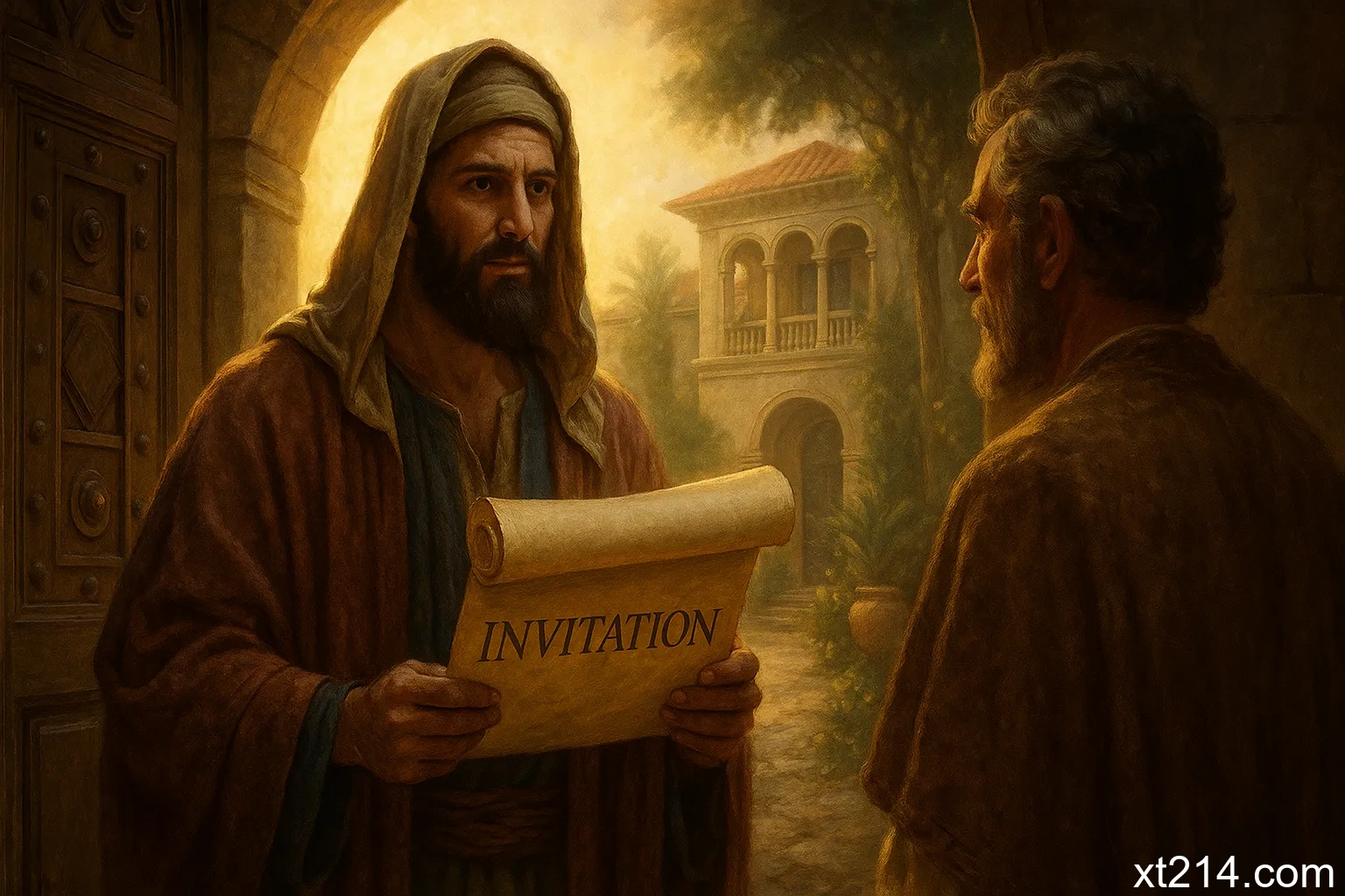圣经时代的主人邀请客人参加筵席，使者手持邀请函站在富裕人家门前