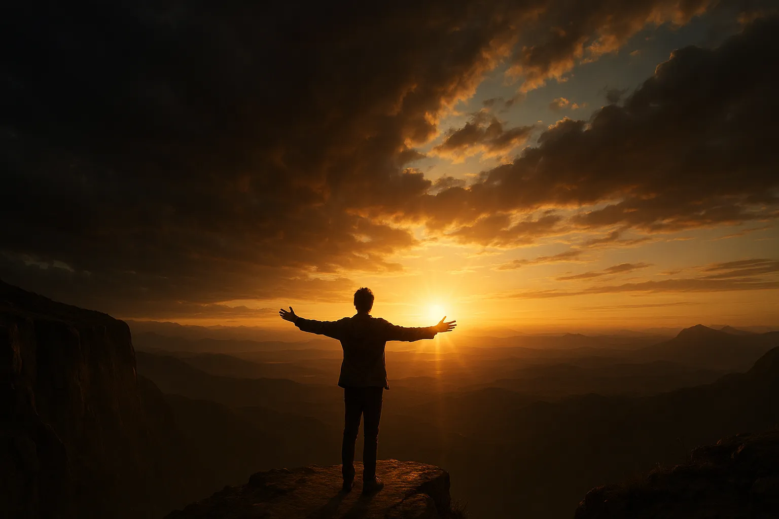 一个人站在悬崖边凝视远方日出，象征灵性觉醒与对公义的追求