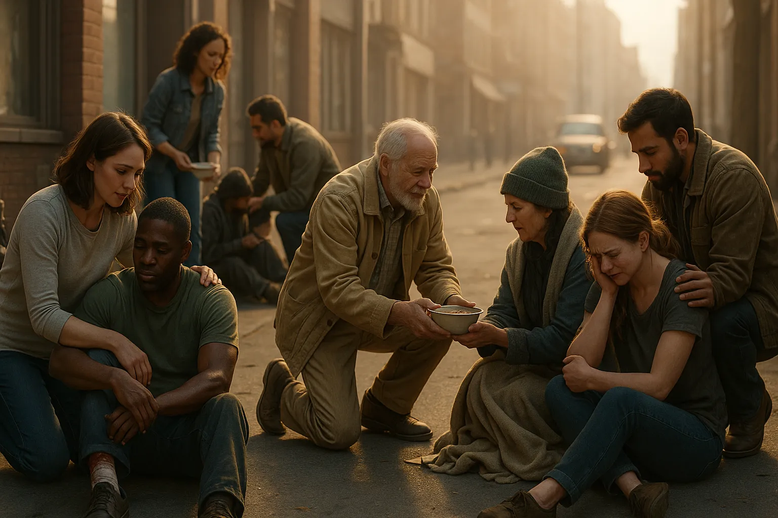 一群人帮助受伤者和贫困者，象征爱将人们连接起来共建公义社会