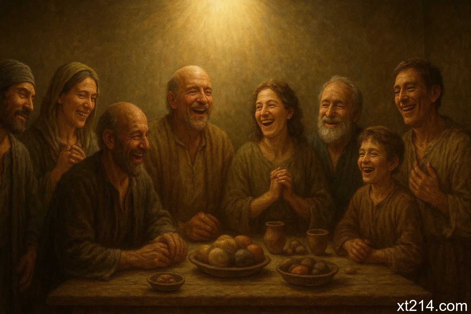 一个简朴的筵席上，形形色色的人们欢聚在一起，他们脸上洋溢着喜乐，一道光芒从上方照射下来