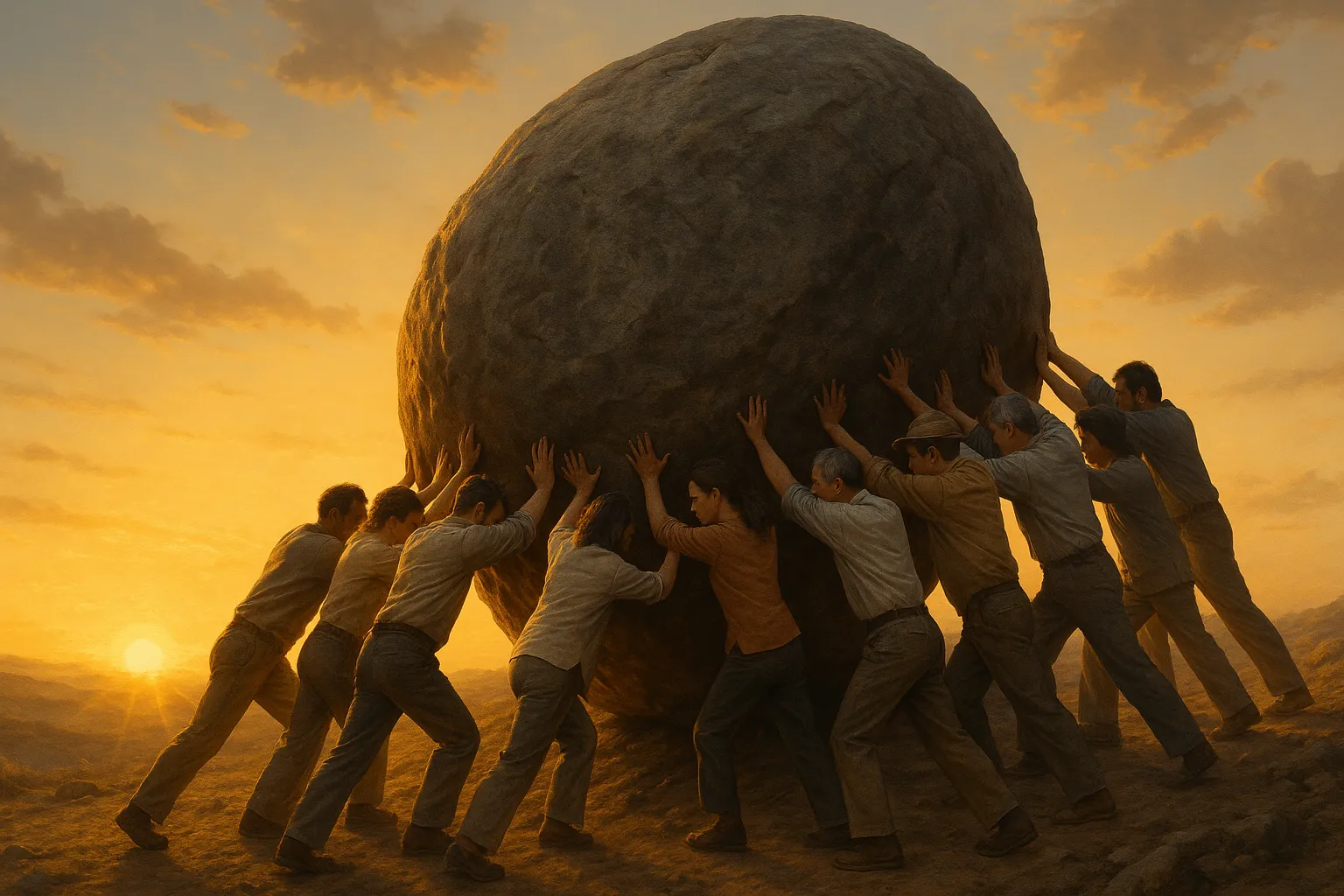 一群人共同推动一块大石，象征公义实践者带来的社会变革