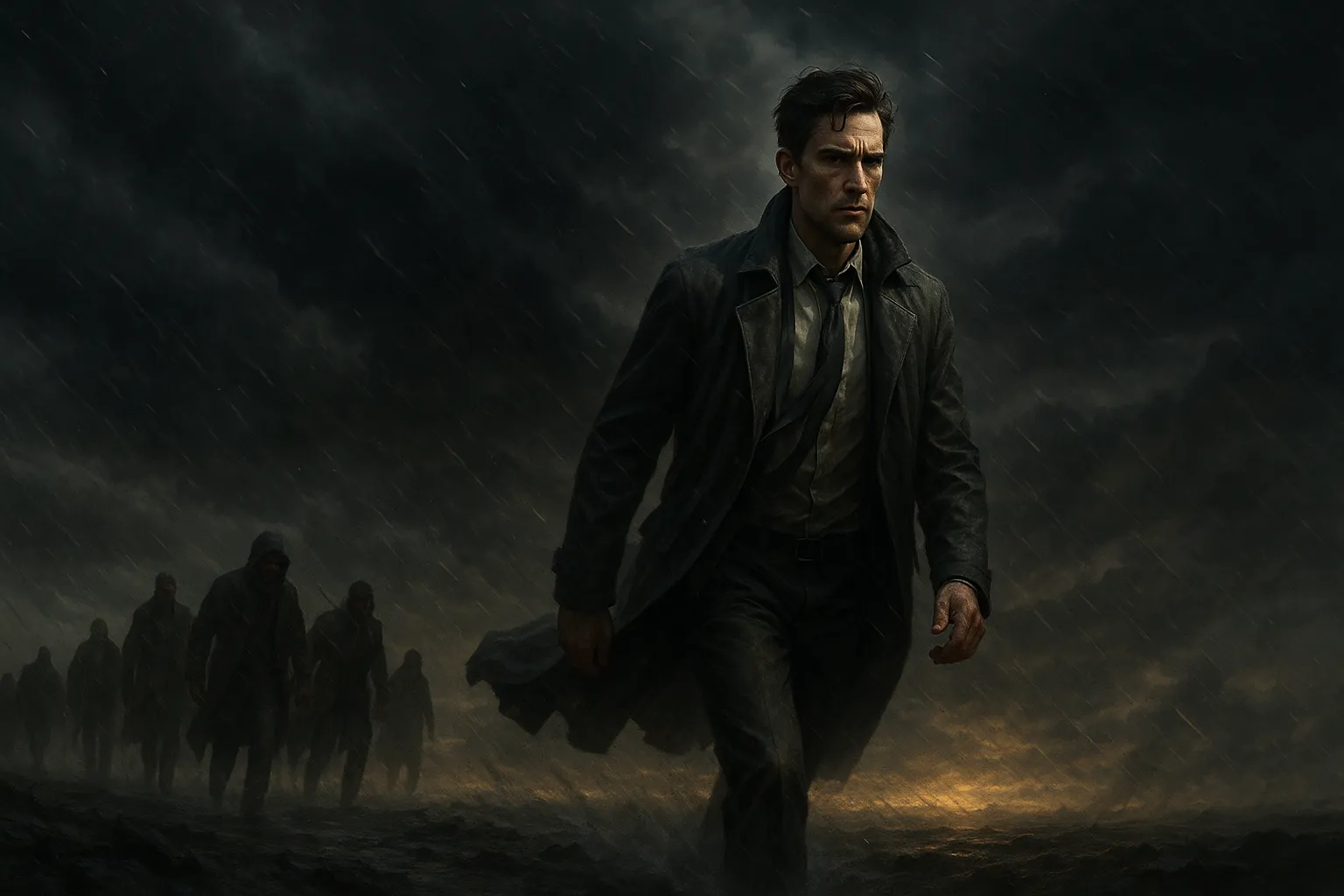 一个人迎着风暴前进，象征公义实践者坚定的行动意志