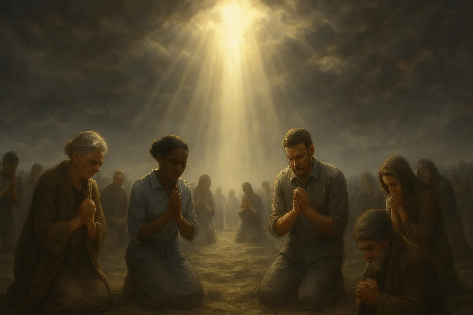 一束光从天而降照亮跪拜祷告的人群，象征认识神带来的公义启示