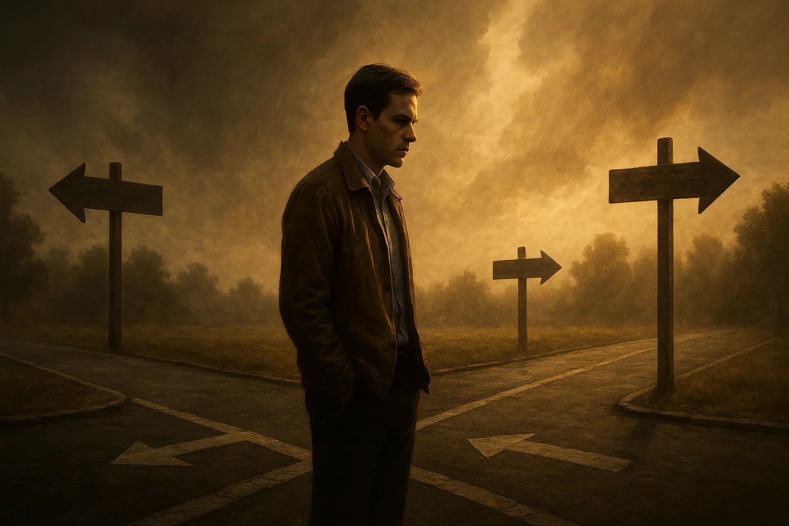 一个人站在十字路口思考道德抉择，象征公义者敏锐的道德感