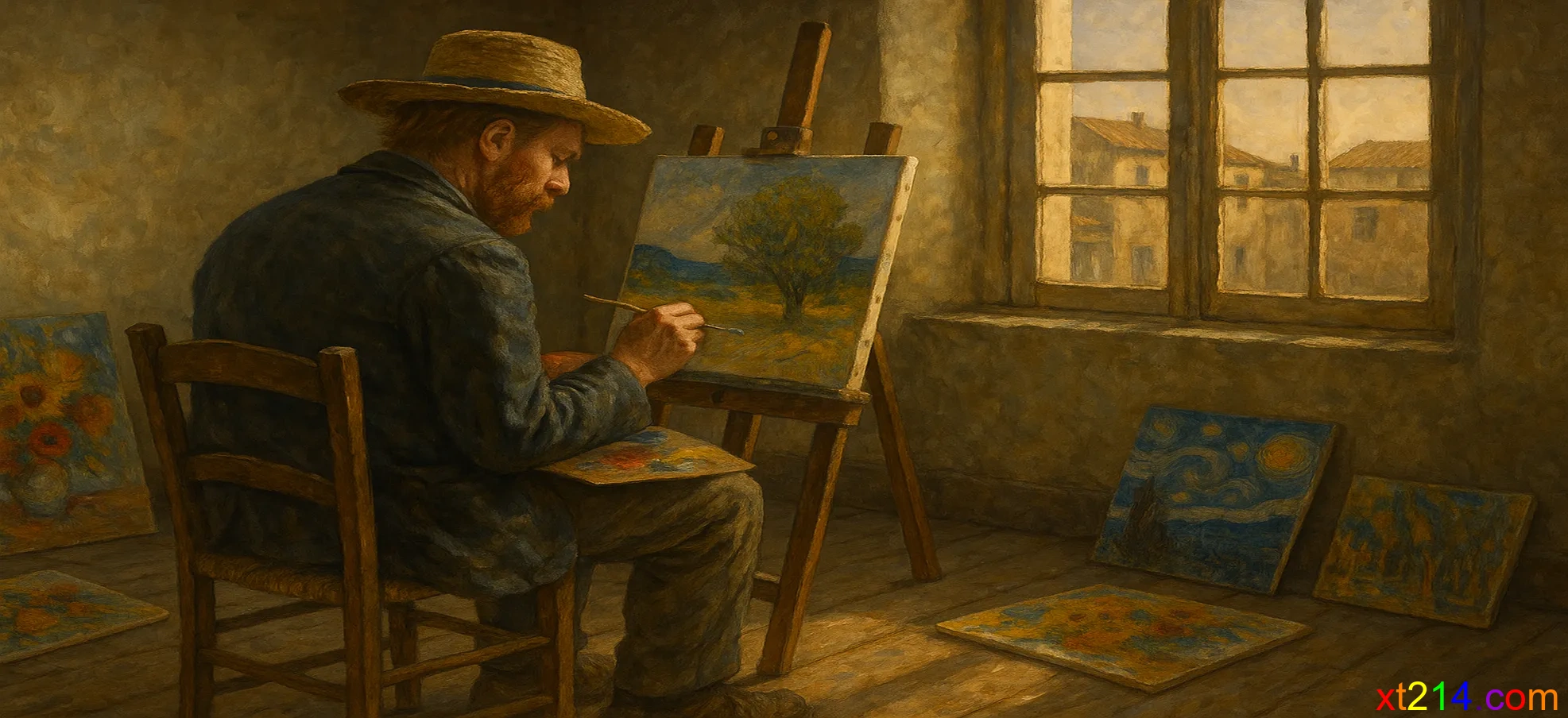 梵高独自在画室中作画，周围散落着未完成的画作，光线从窗户洒入