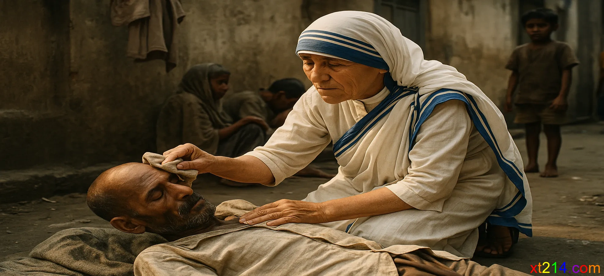 特蕾莎修女在印度加尔各答的贫民区中照顾病患，周围是简陋的环境