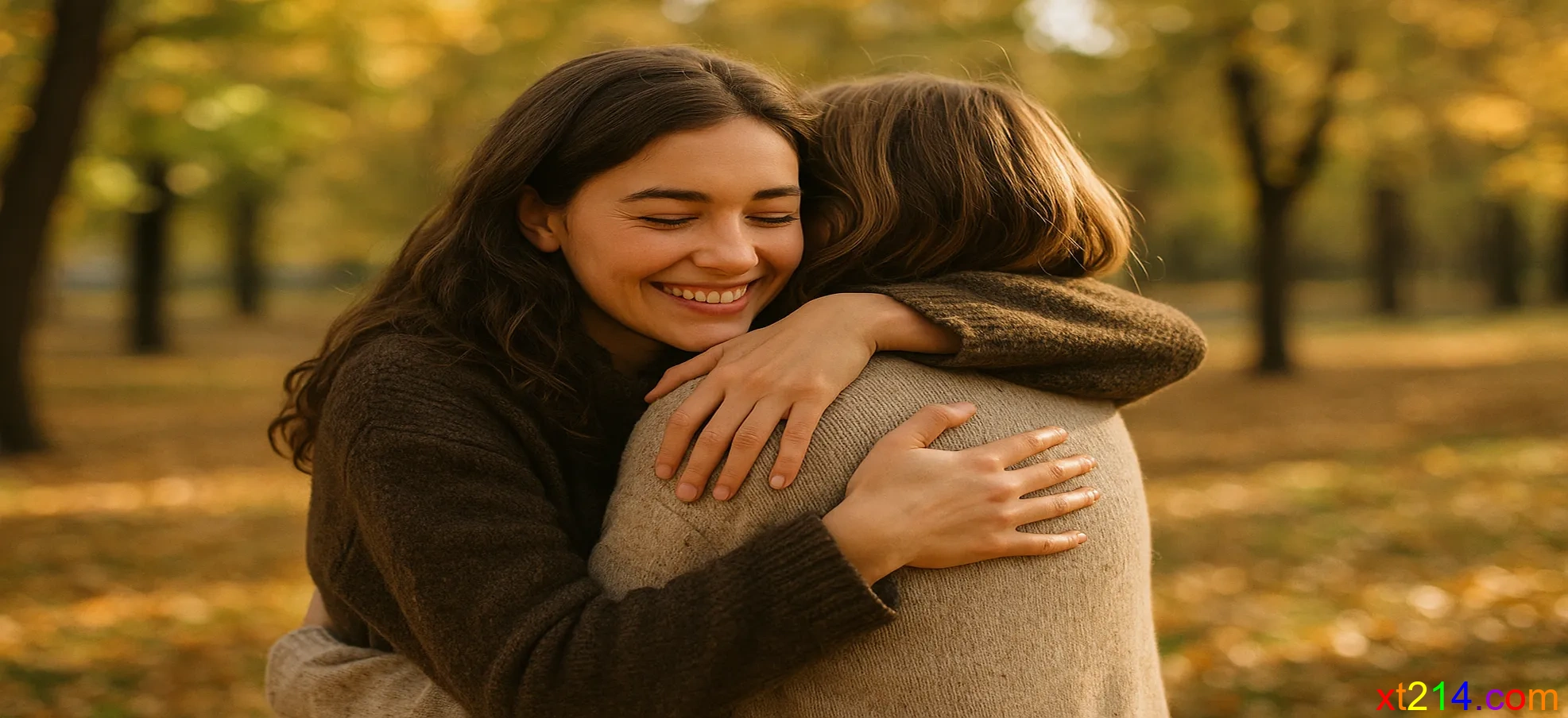 两个朋友在公园中真诚拥抱，表情自然温暖，没有做作的成分