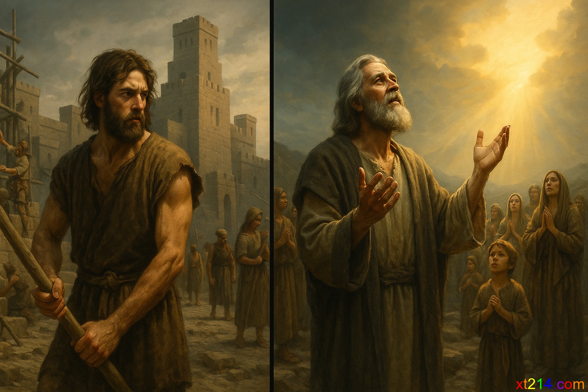 从该隐和赛特开始的两条道路 分屏显示该隐后裔建造城市文明与赛特后裔敬拜神的对比场景