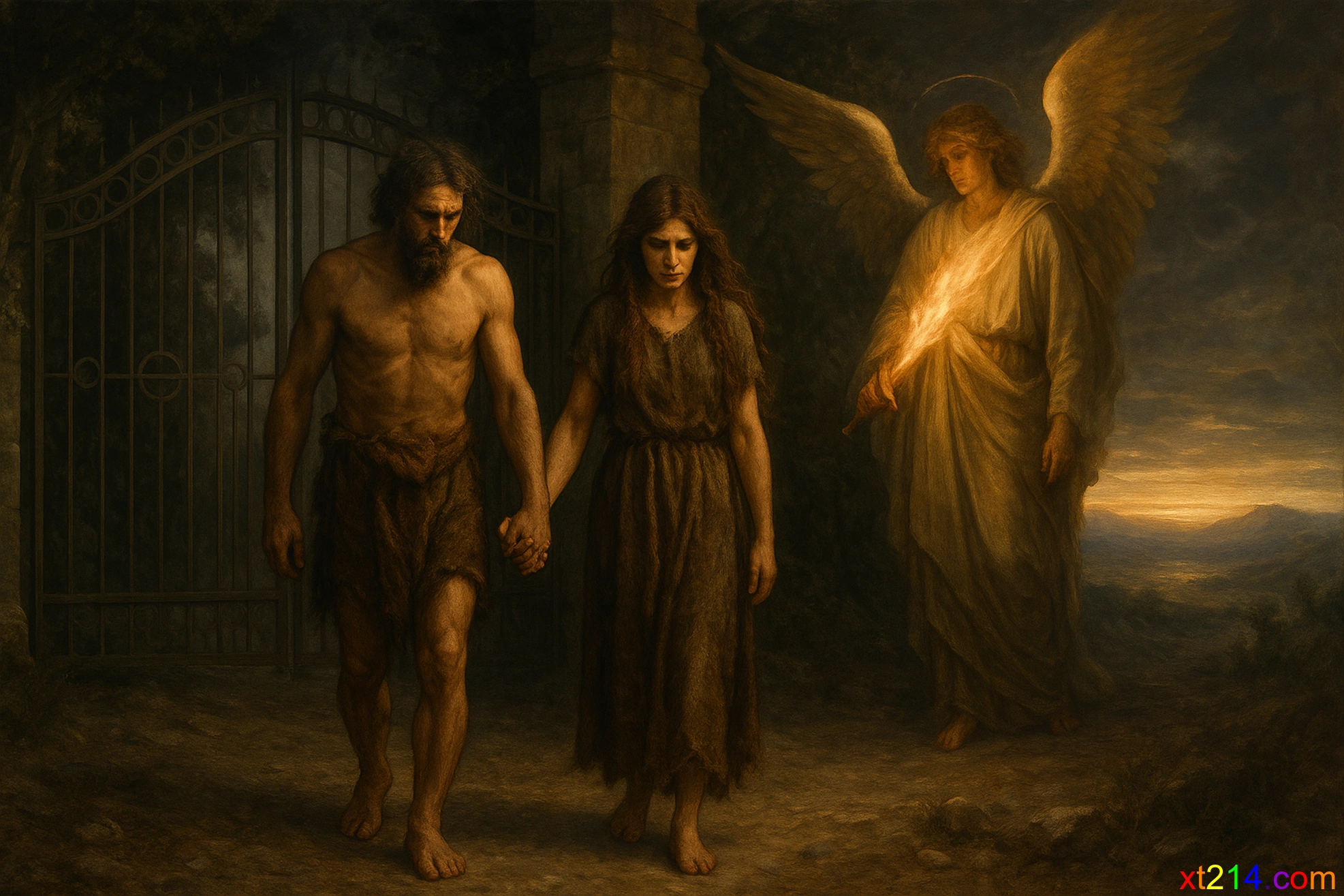 亚当夏娃被逐出伊甸园,但带着神的应许 亚当夏娃手牵手离开伊甸园,背景是关闭的园门和天使守护