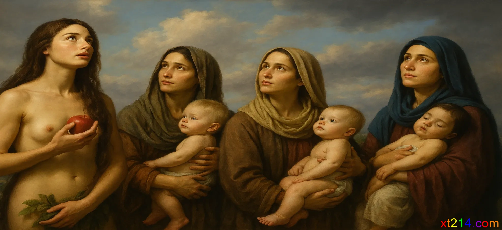 从夏娃到历代母亲抱着婴孩仰望天空，象征对女人后裔的等待
