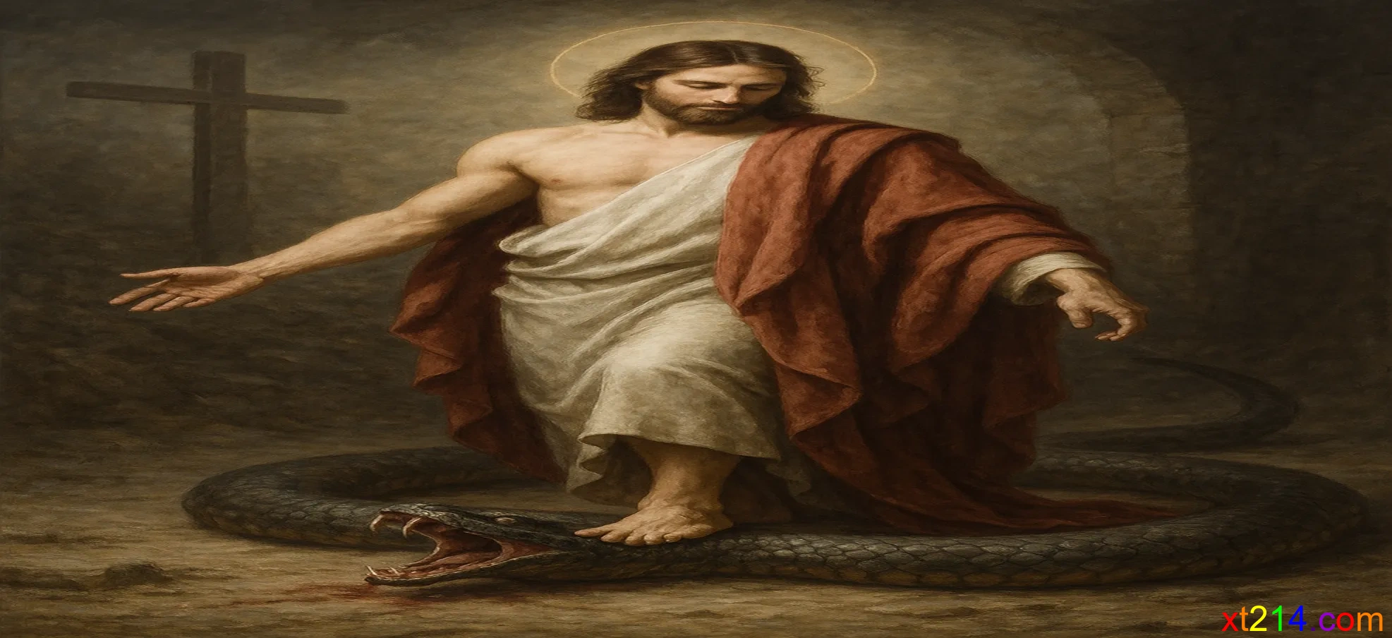 复活的基督脚踏蛇头，象征女人后裔最终胜过撒旦的权势