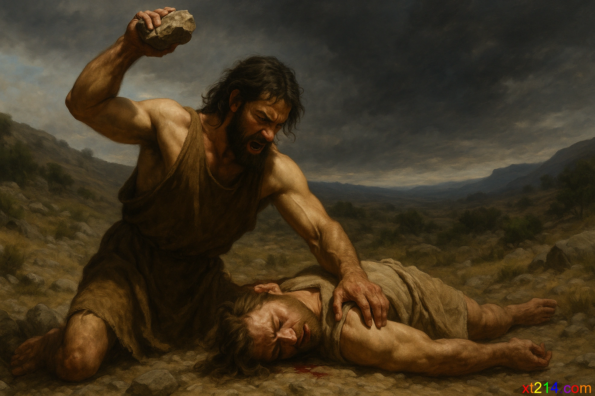 该隐杀死亚伯,打破弥赛亚盼望 该隐愤怒地举起石头攻击倒地的亚伯,荒野背景突显兄弟相残的悲剧