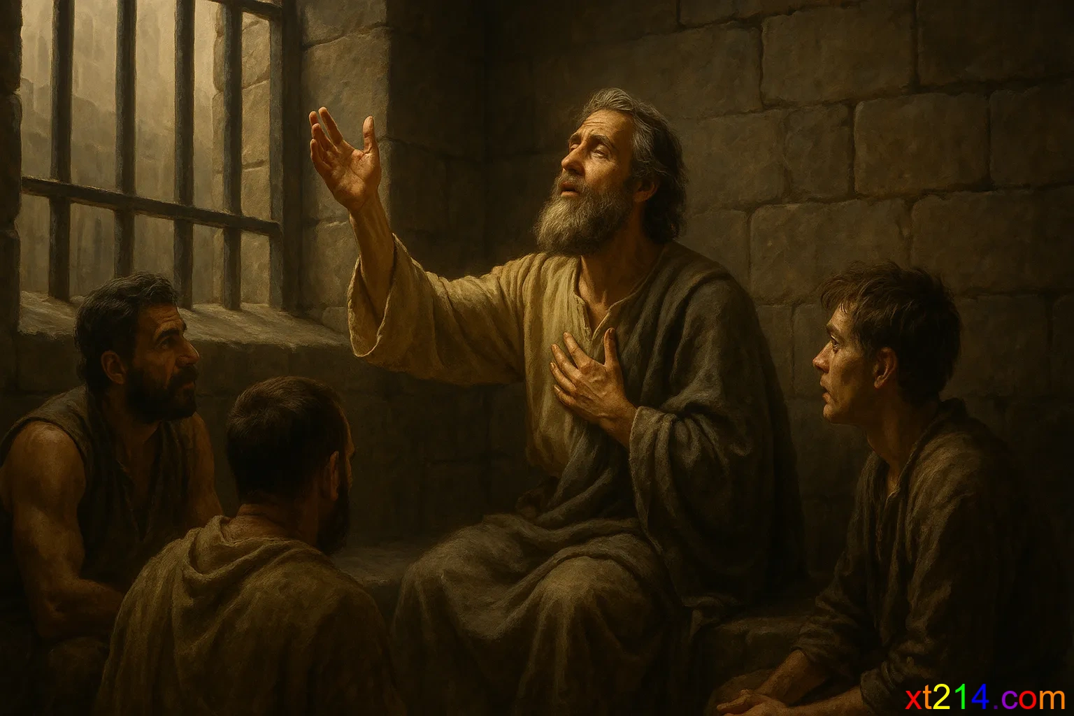 保罗在监狱中向其他人展示无条件敬拜的生命教导场景
