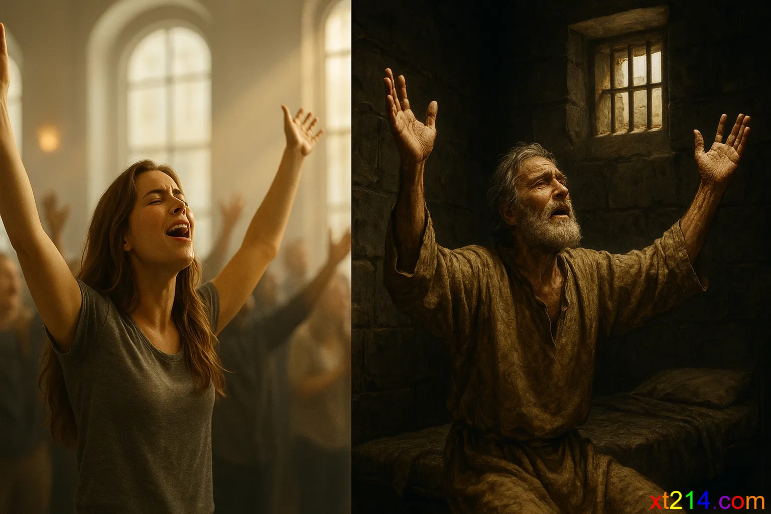 保罗在艰难环境中仍保持信心的坚定表情，展现属灵生命的真实质量