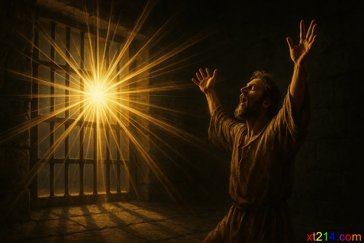 赞美的光芒冲破监狱的囚笼，象征属灵自由超越物理限制的终极功课