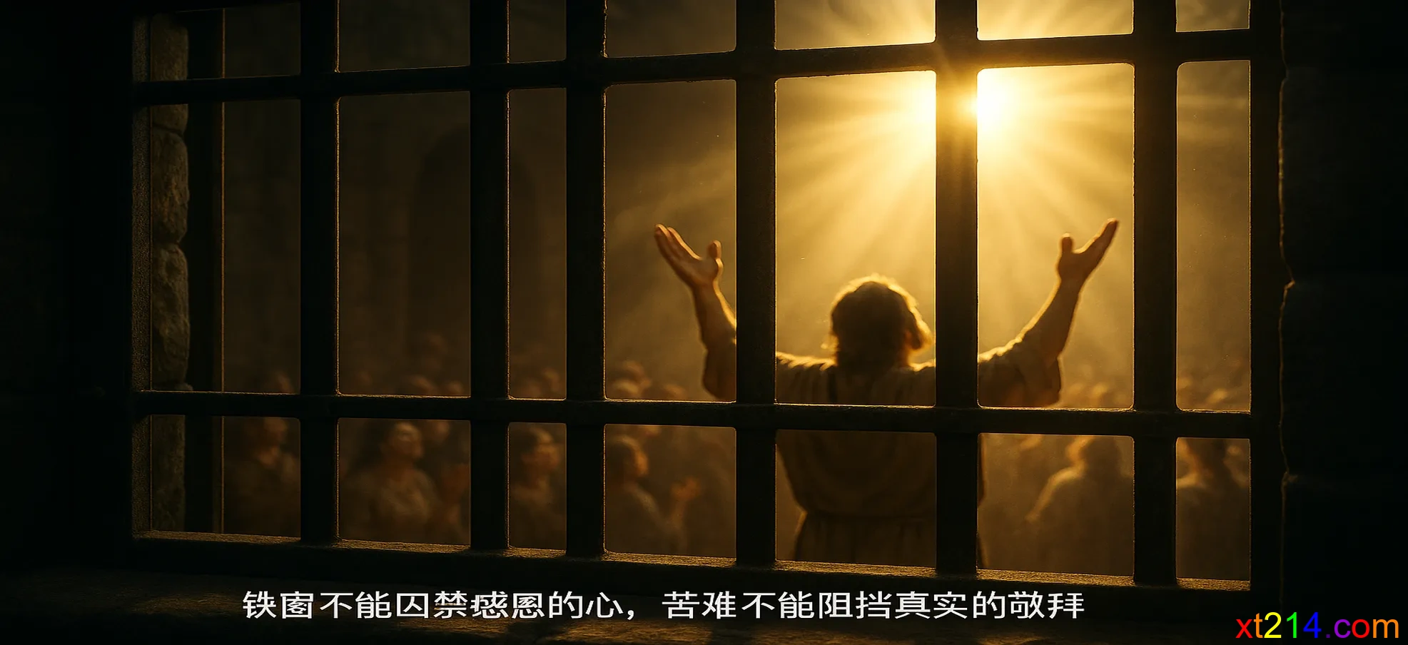 透过监狱铁窗看到敬拜赞美的光芒，象征苦难中不受限制的感恩之心