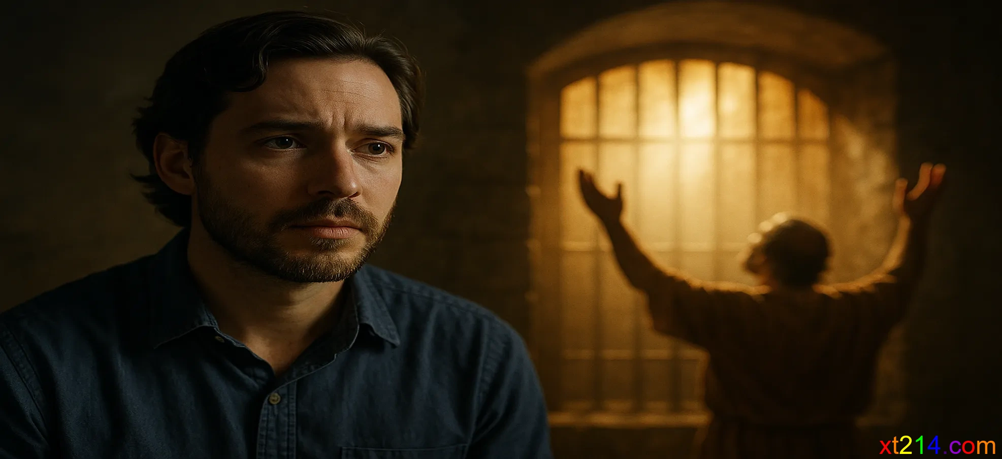 一个人在思考和重新认识的表情，背景是苦难与敬拜交织的象征画面