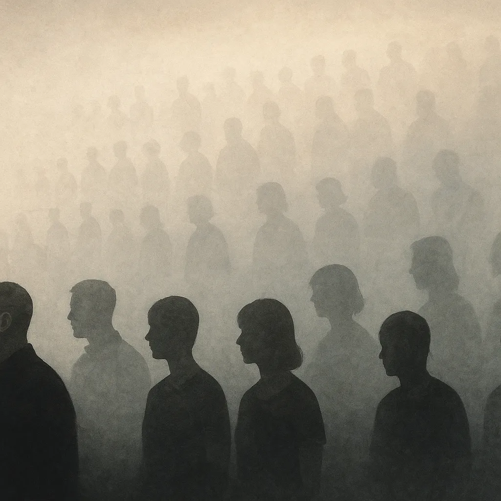 一个巨大的日晷投下阴影，阴影中显现出忙碌而重复的人群