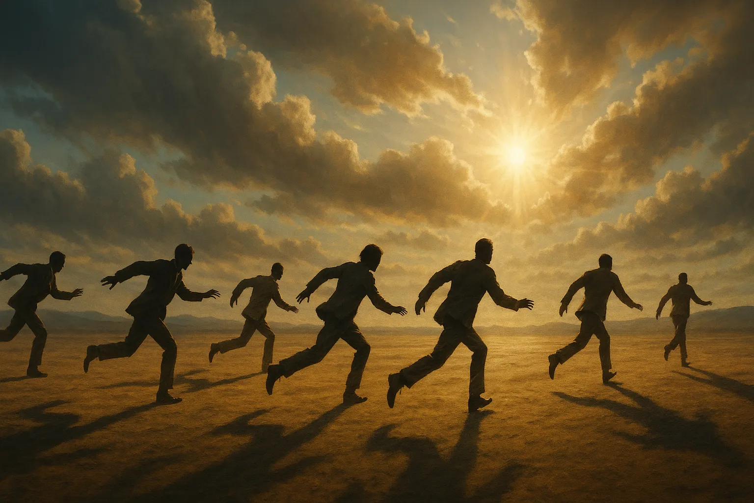 层层叠叠的人群剪影代表不同世代，逐渐淡化消失