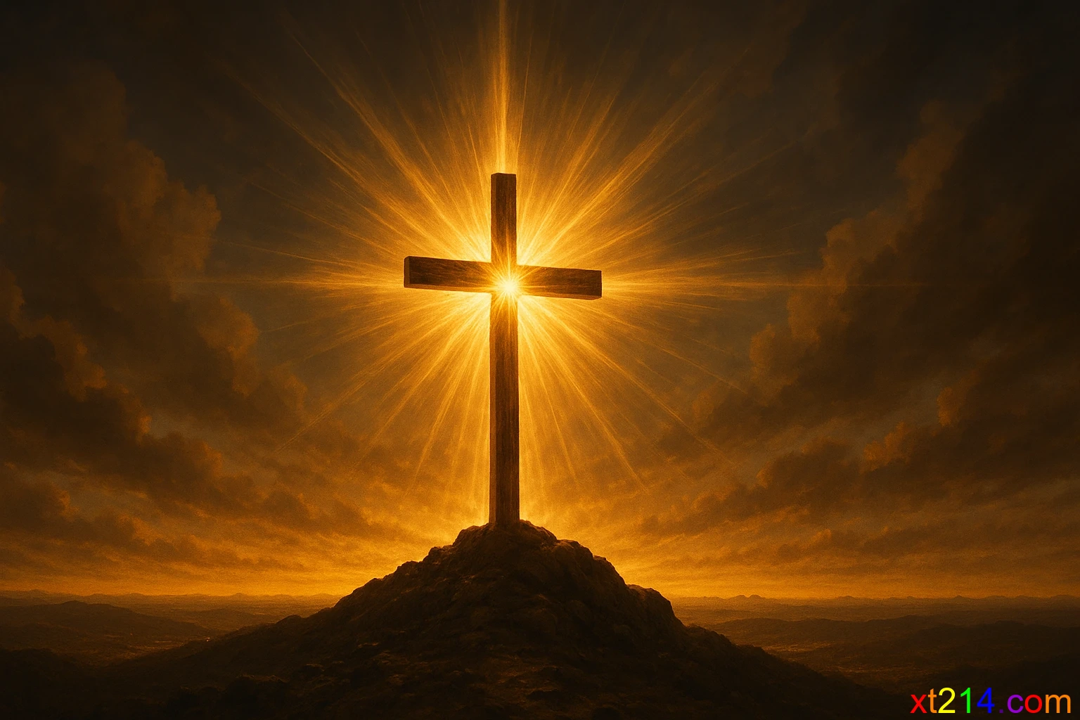 十字架发出璀璨的光芒照亮整个世界，象征福音是神爱仇敌的核心体现