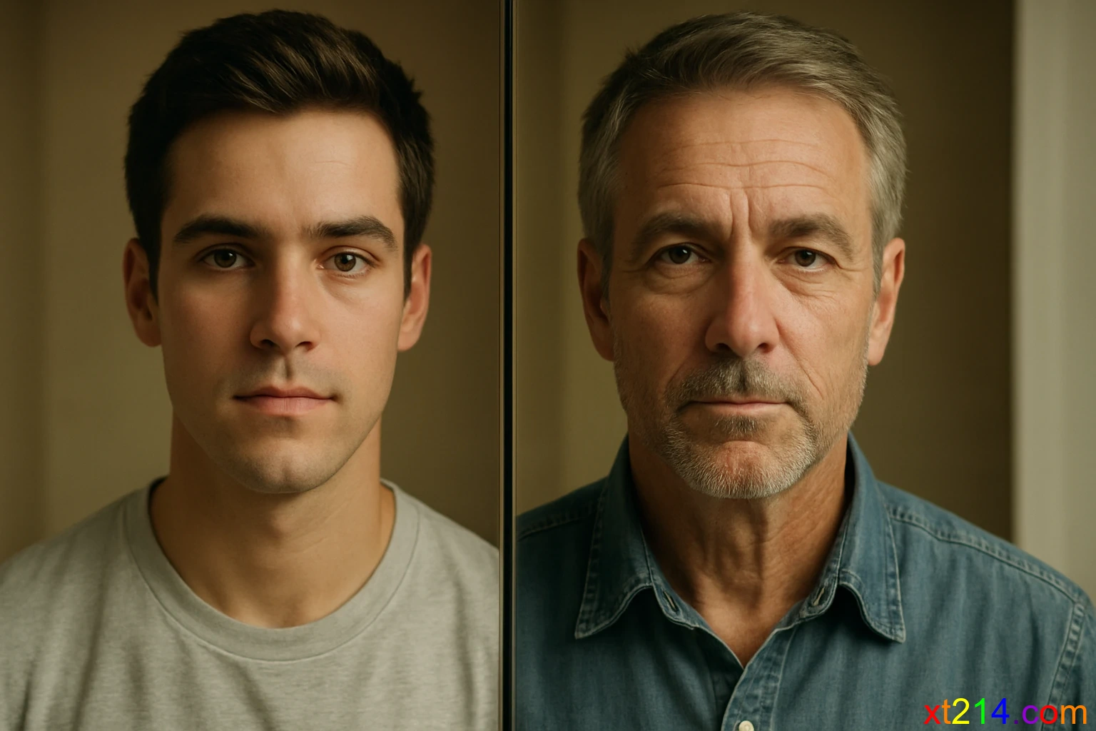 一面镜子中映出中年男子逐渐沧桑的面容变化，从青春到中年的时光流逝