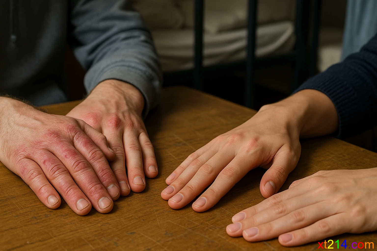 大学宿舍里，一只光滑的手与另一只冻疮斑驳的手形成鲜明对比