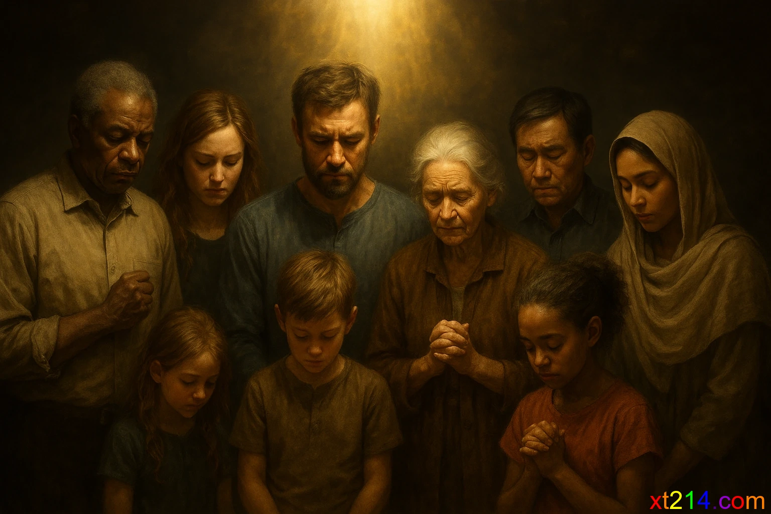 一群不同种族的人都低头认罪，没有一个人是完全的，但神的恩典覆盖众人