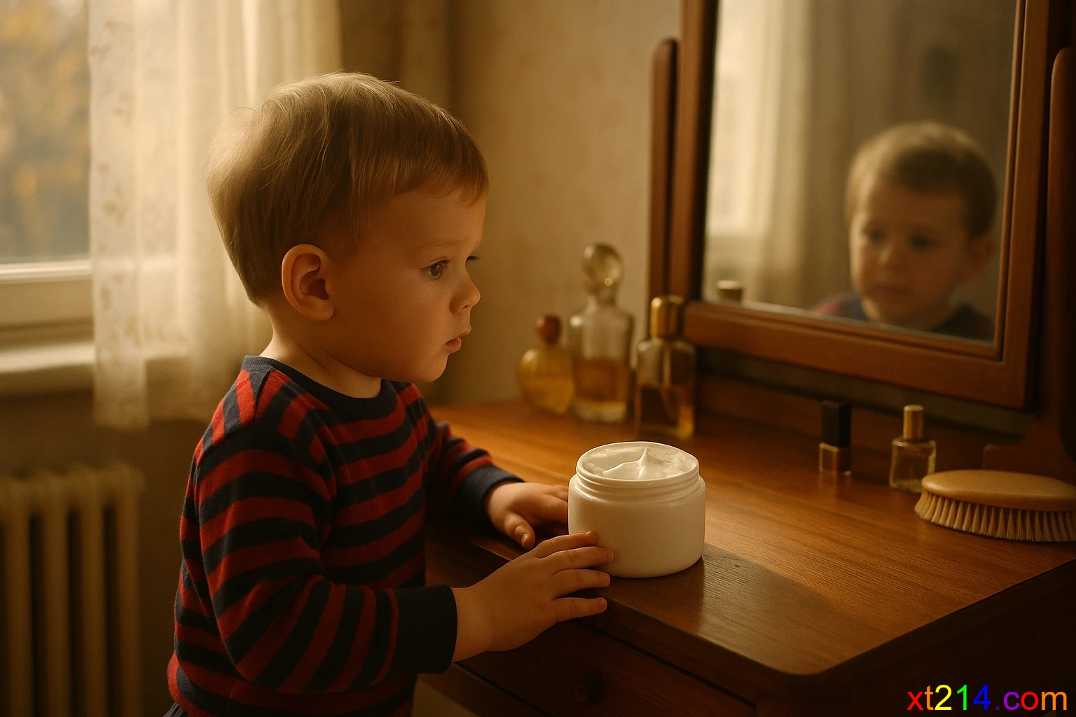 一个小男孩在妈妈的梳妆台前，好奇地看着雪白的雪花膏罐子