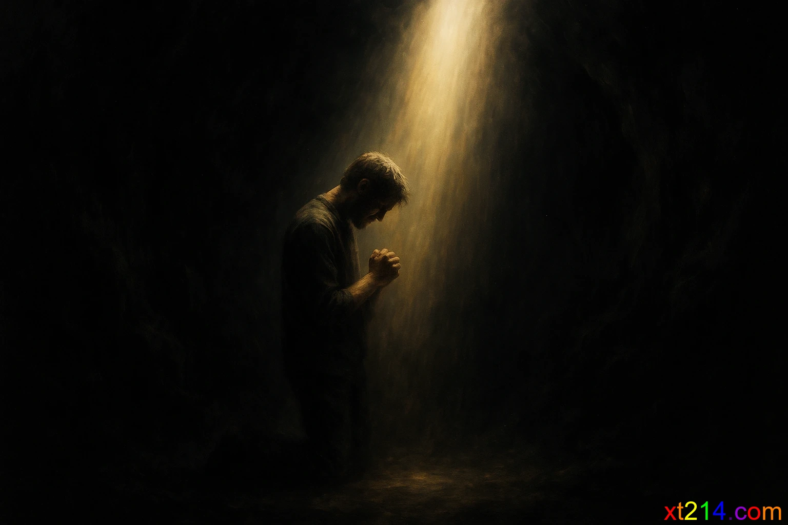 一个被黑暗罪恶包围的人，神的光芒从上方照射下来，驱散黑暗