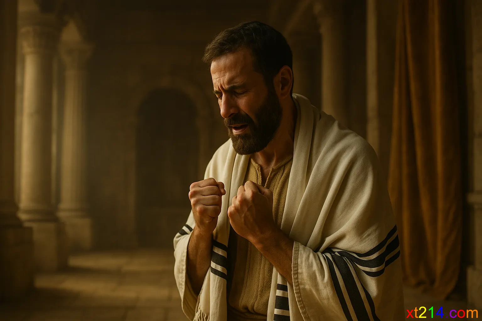 税吏在圣殿中远远站着，双手捶胸，真诚呼求神的怜悯