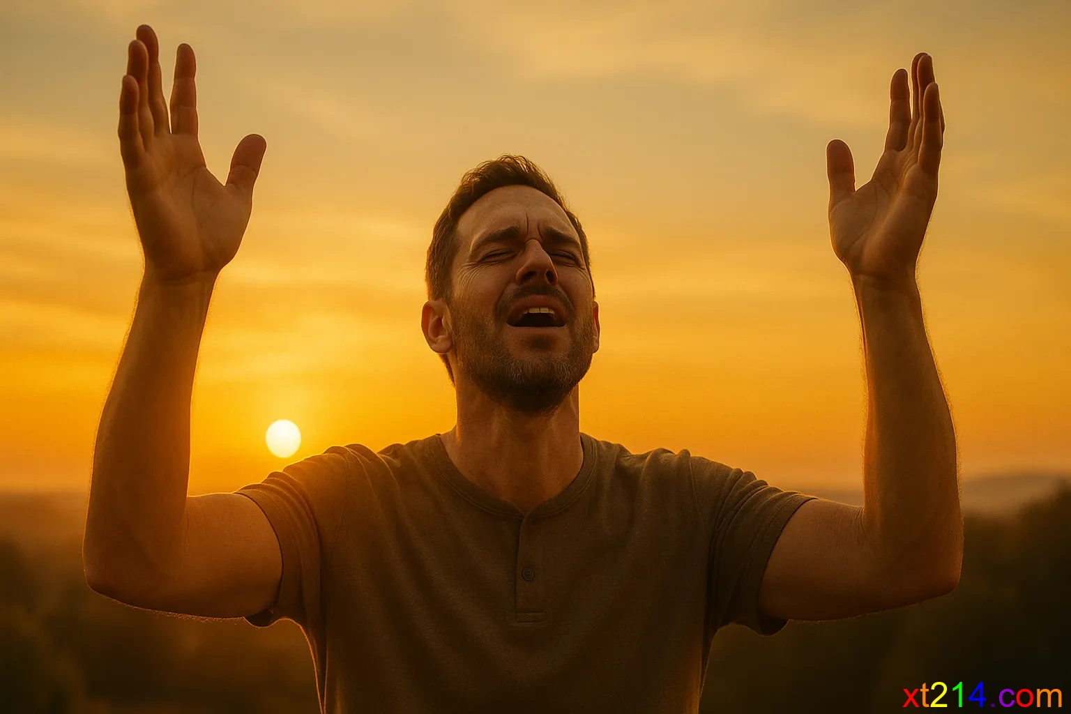 一位认识神的人双手举向天空，在晨光中真诚呼求主耶稣的名字