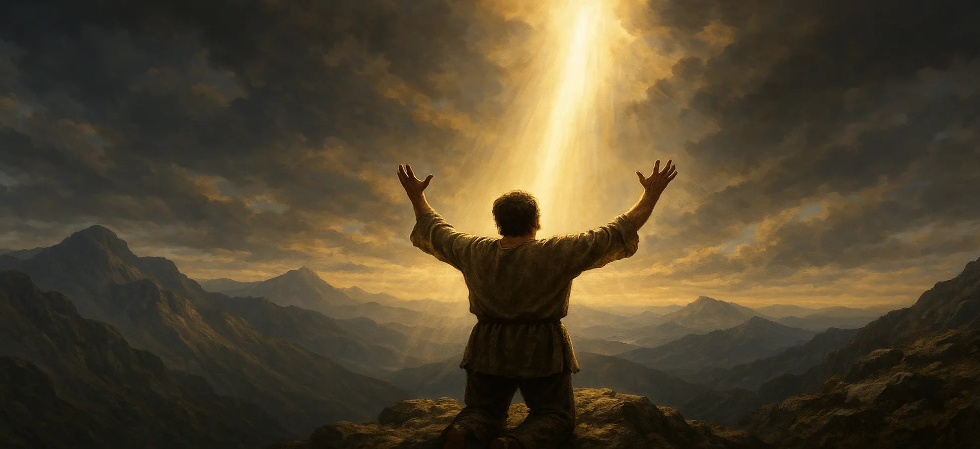 一个人站在山巅举手仰望天光，象征神称他为义的时刻