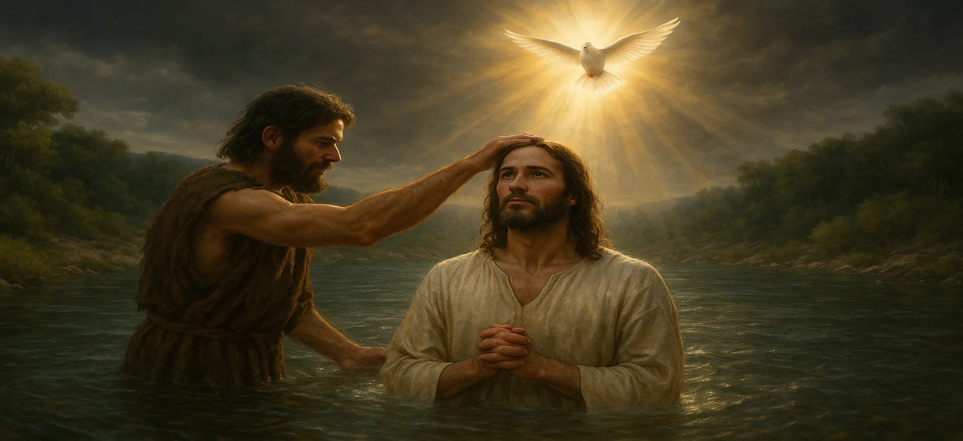 耶稣在约旦河中受洗，天开了，圣灵仿佛鸽子降下