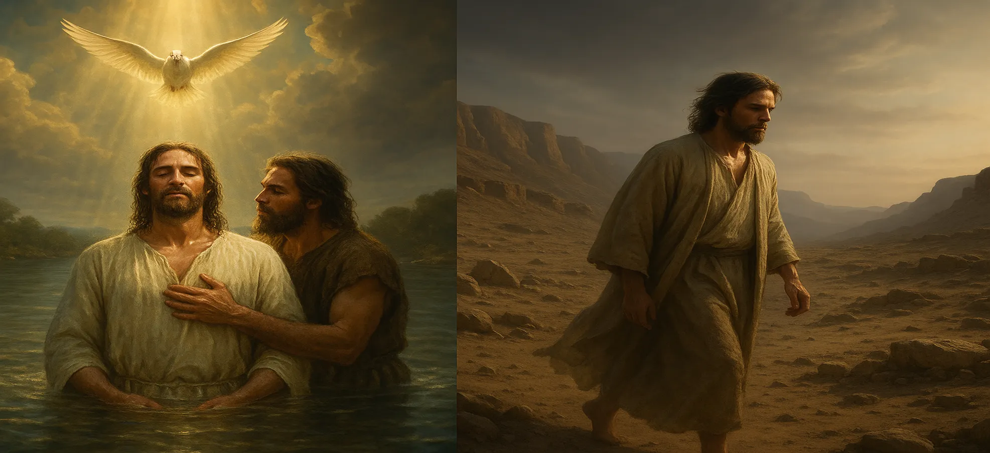 分屏显示受洗荣耀与旷野试炼的强烈对比