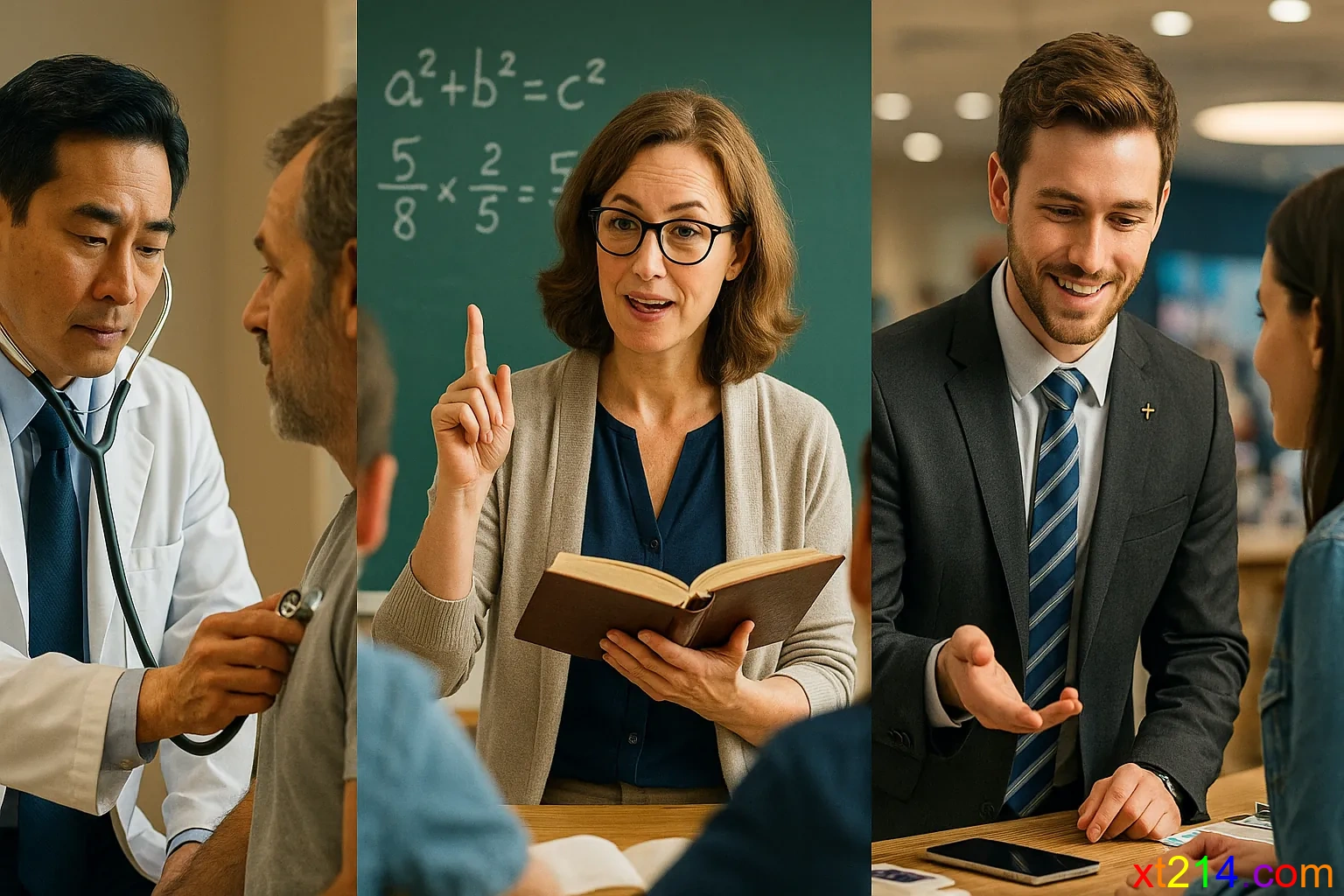 拼贴画面显示医生、教师、销售员在工作，每个人都有不同的工作动机和价值追求