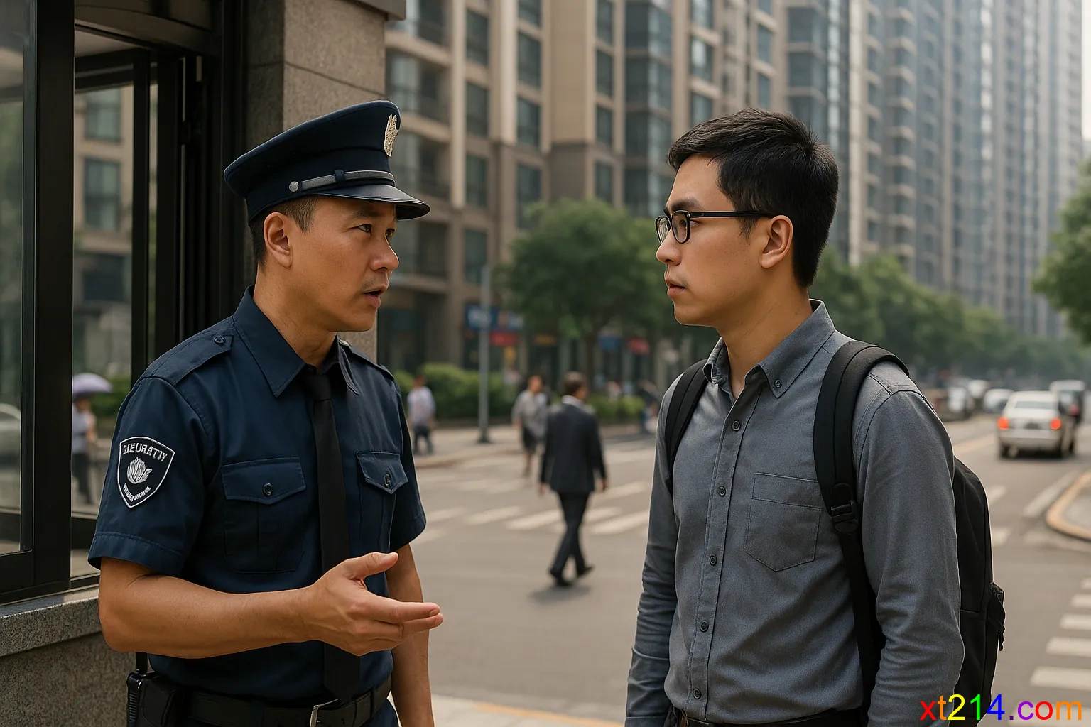 现代小区门口，保安询问来访者身份，背景是繁忙的都市生活