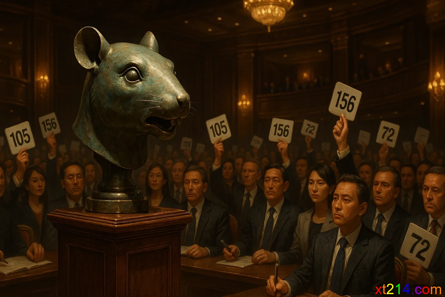 拍卖会上的圆明园兽首，周围是竞拍的人群，反思文化符号的真正价值