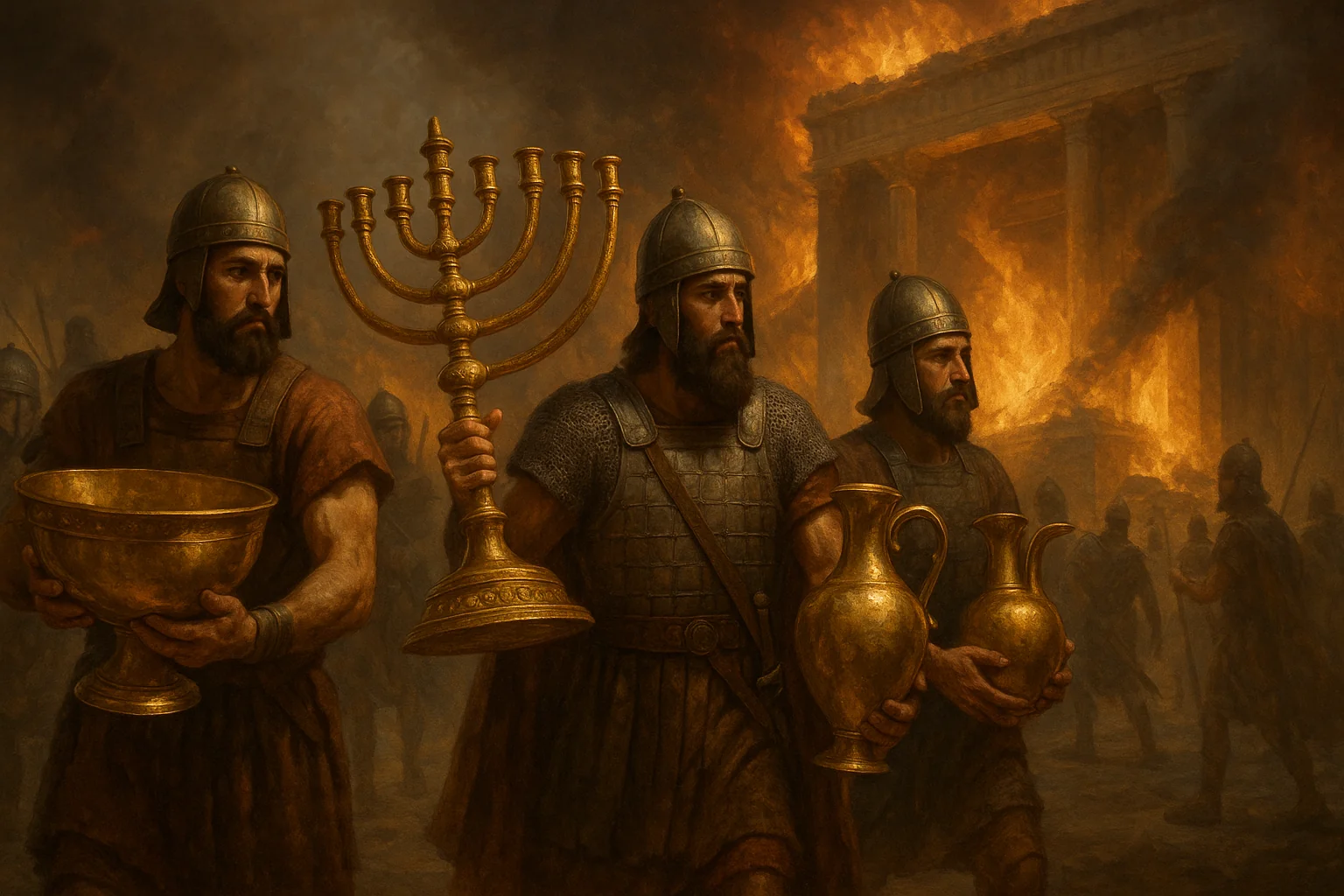 巴比伦士兵正在搬运耶路撒冷圣殿中的金器皿，背景是燃烧的圣殿
