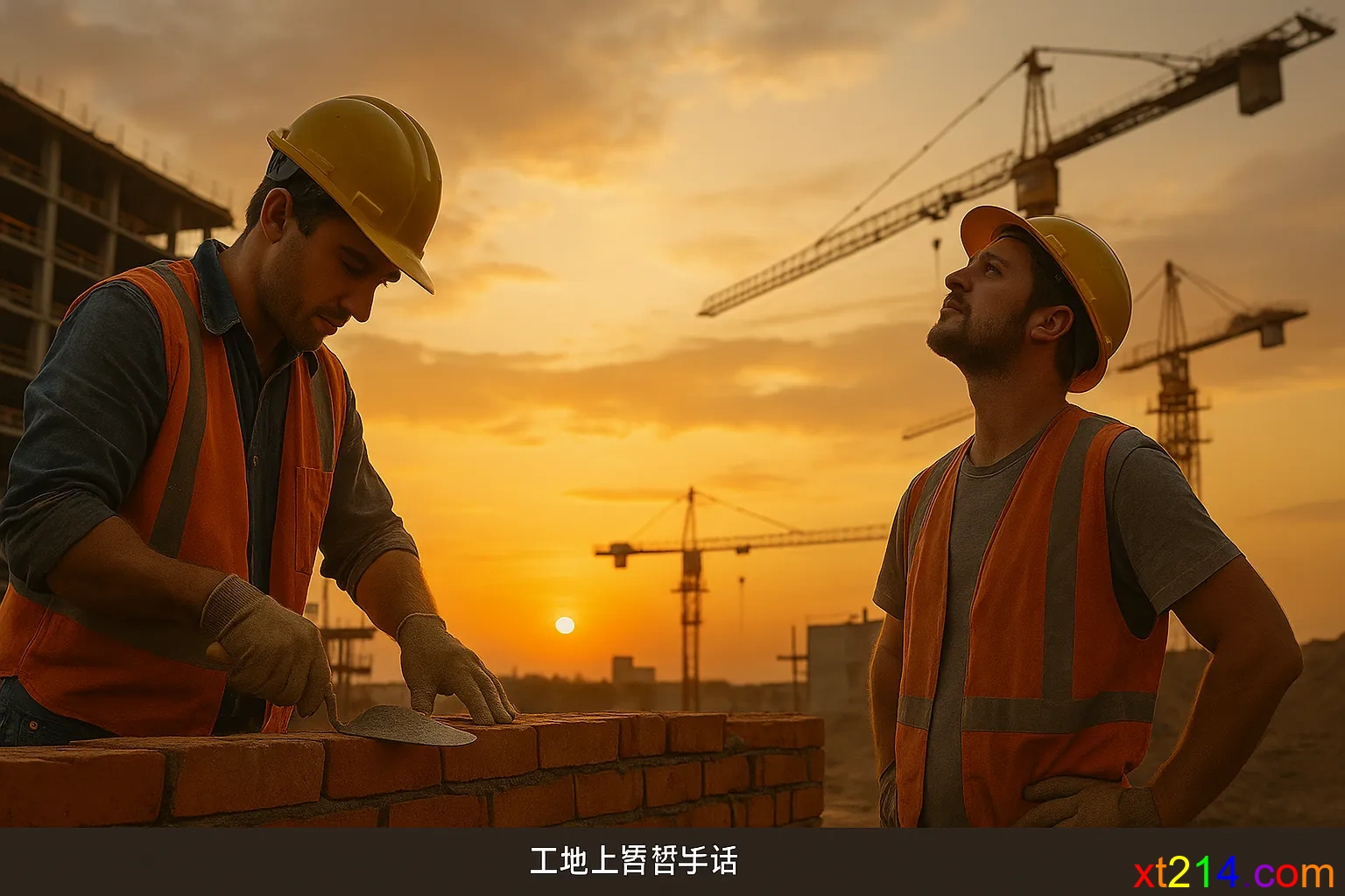 建筑工地上两个工人对话，一个在砌砖，另一个抬头仰望天空，背景是正在建设的建筑