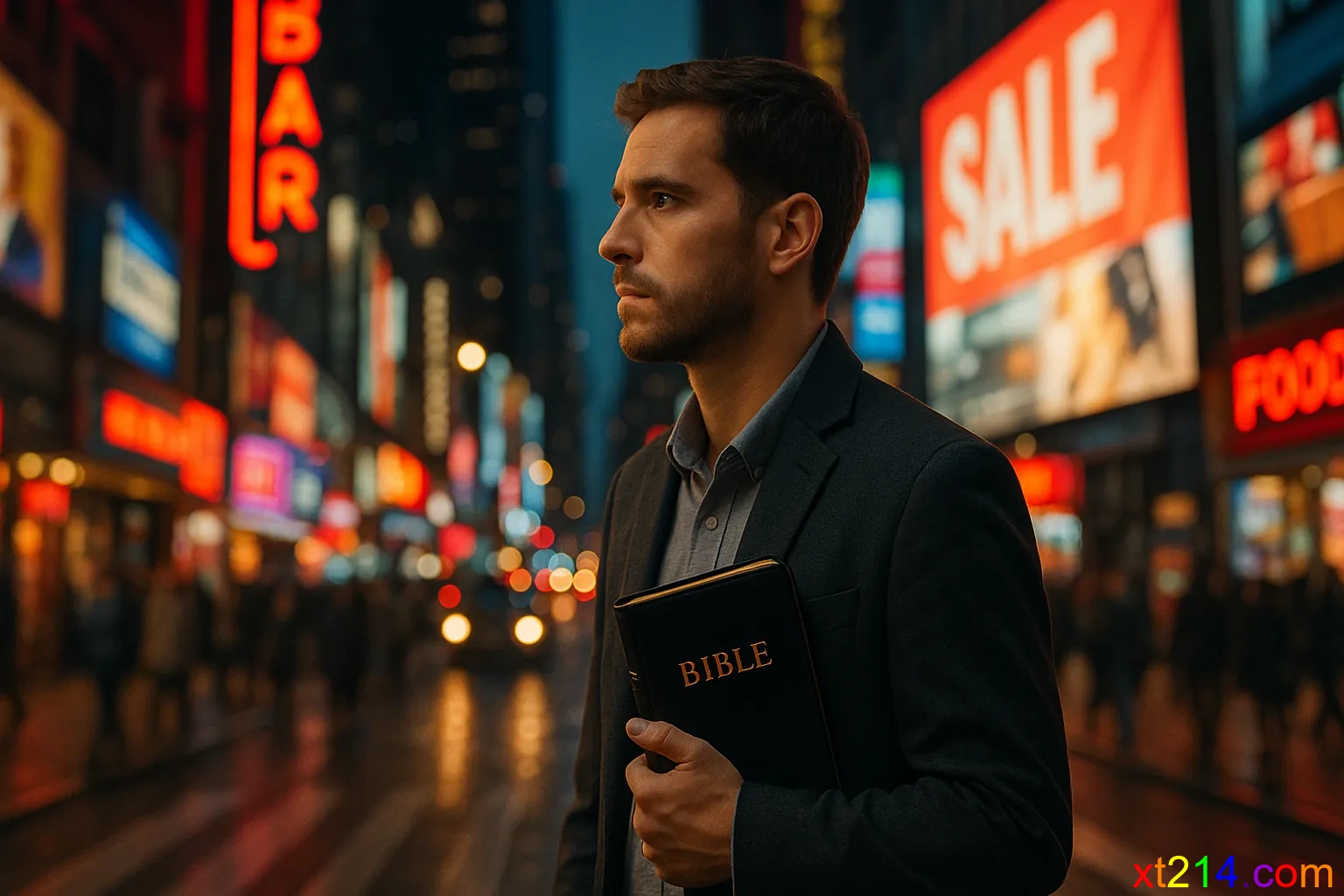 现代都市中一个人手持圣经走在繁华街道上，周围是霓虹灯和商业广告