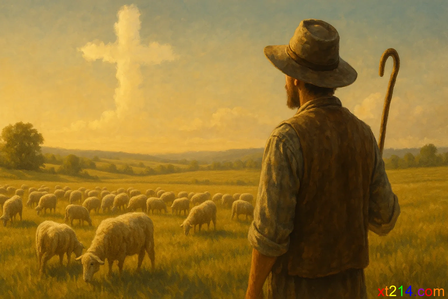 乡村田野中一个牧羊人看着羊群，天空中有十字架形状的云朵