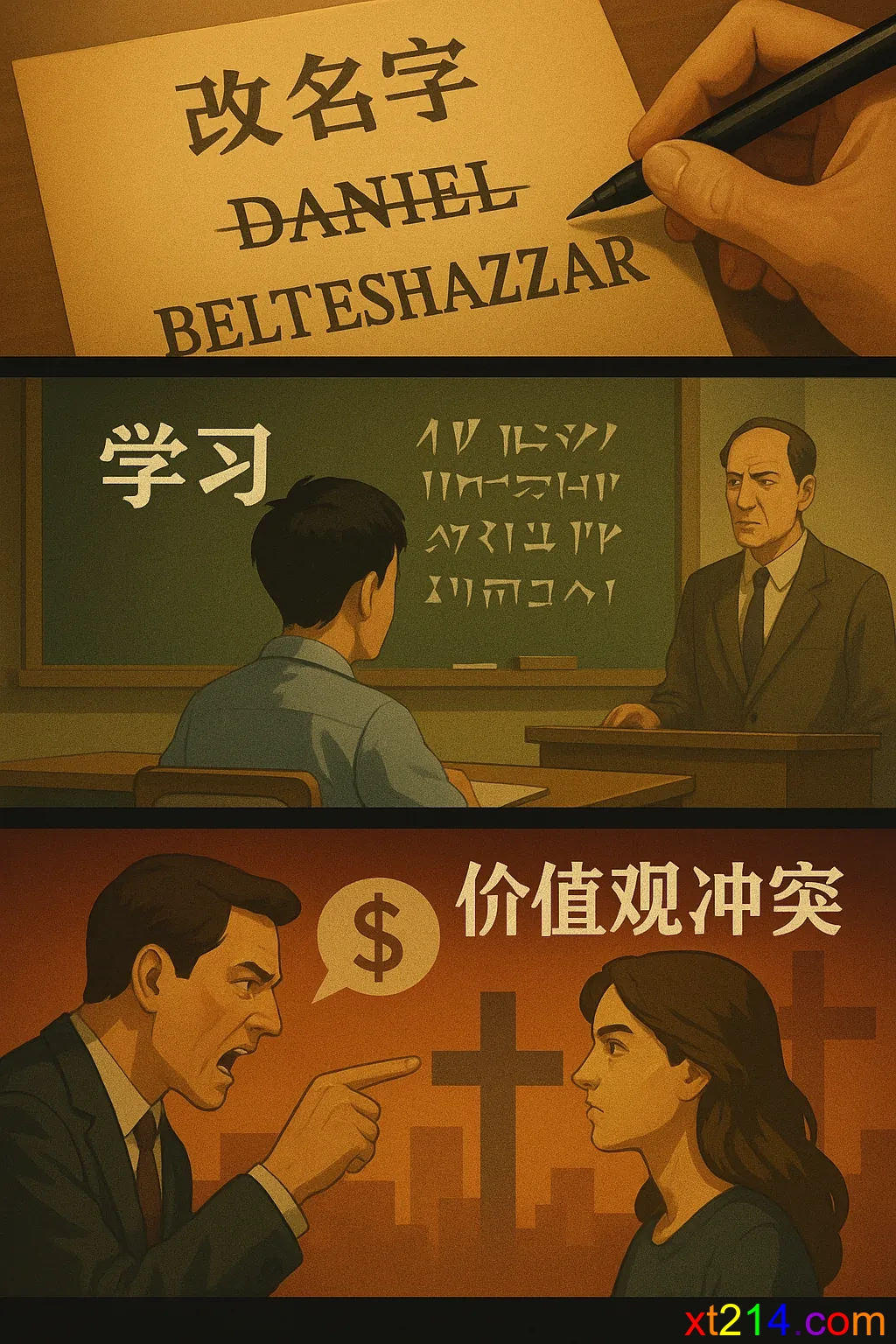 三个层次的画面：改名字、学习异教文化、价值观冲突的场景