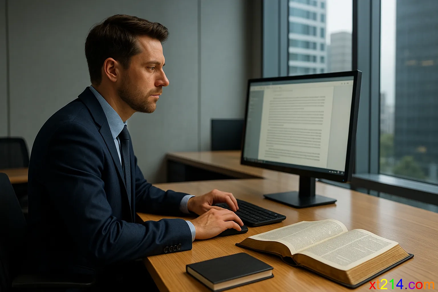 现代办公楼中一个商务人士在电脑前工作，桌上放着打开的圣经