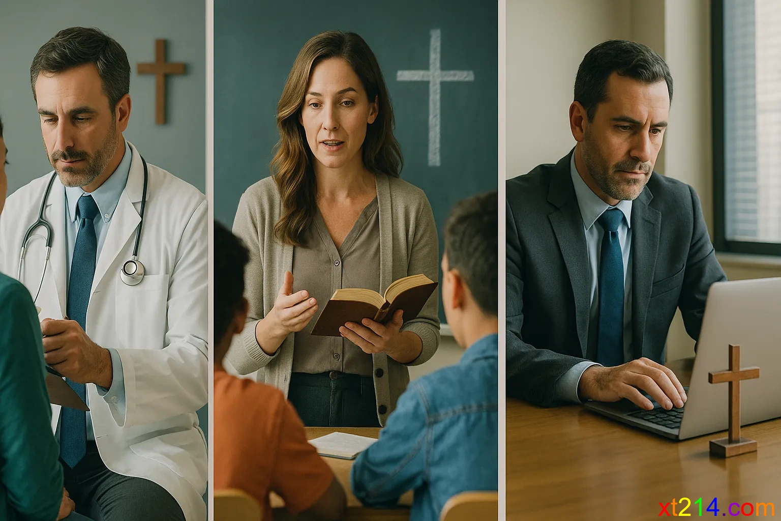 拼贴显示不同职业的基督徒在工作中体现信仰原则