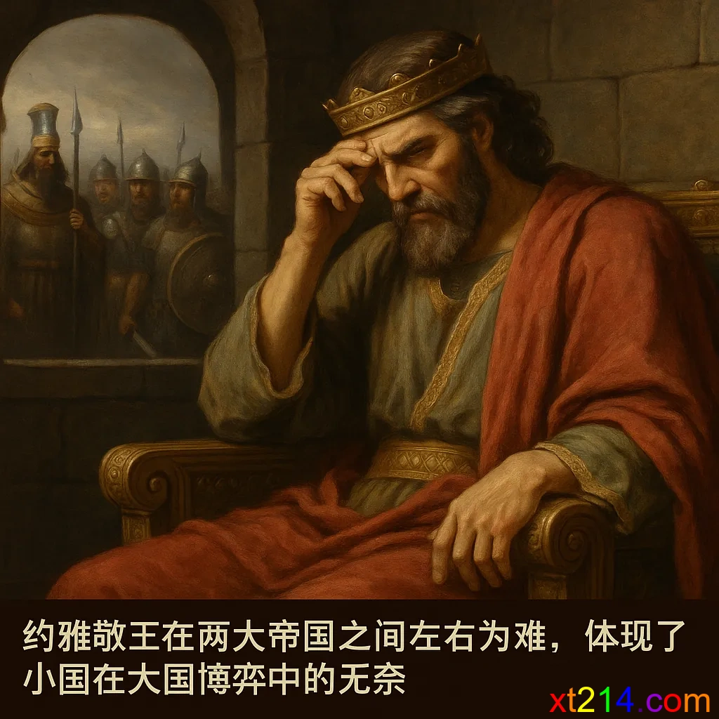 古代以色列王座上的约雅敬王愁容满面，背景是埃及和巴比伦的军队对峙