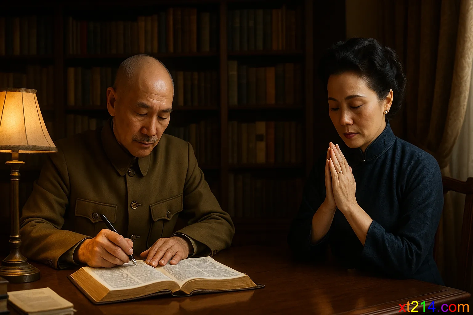 民国时期书房中蒋中正在读圣经做笔记，宋美龄在一旁祷告