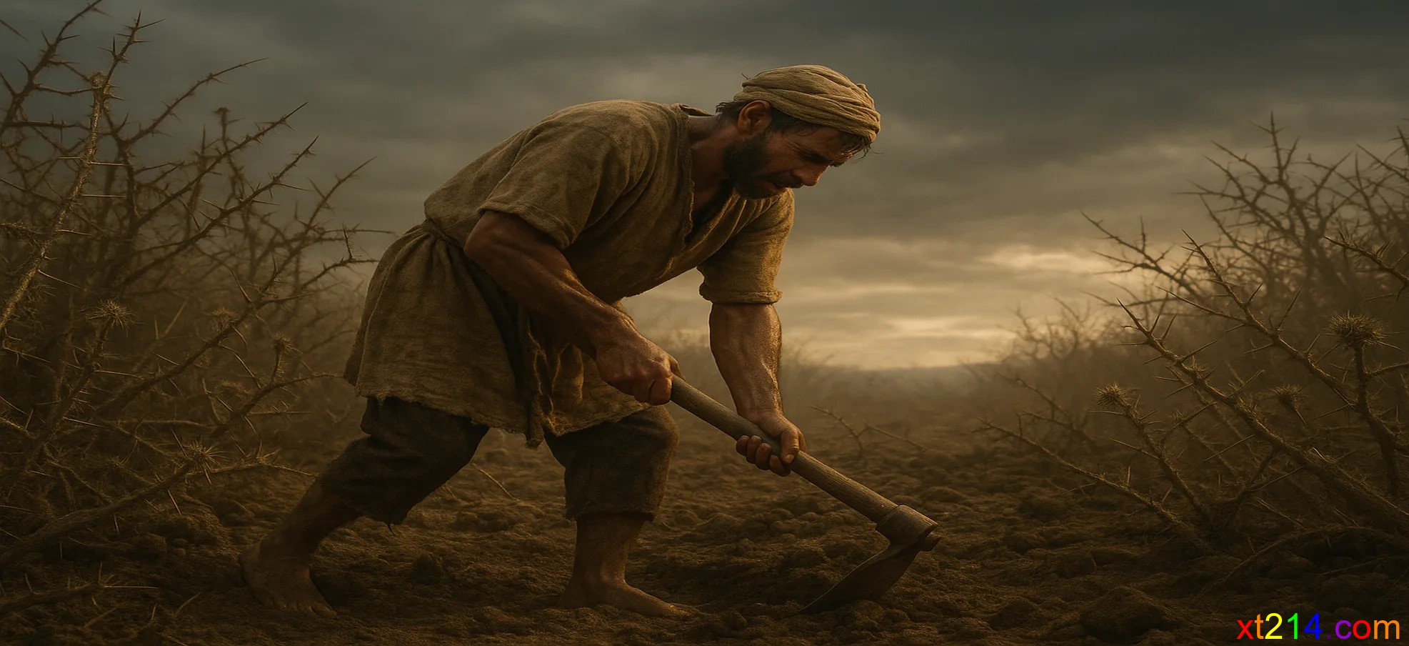 荒芜的土地上长满荆棘，一个人艰难地耕作，汗水滴落