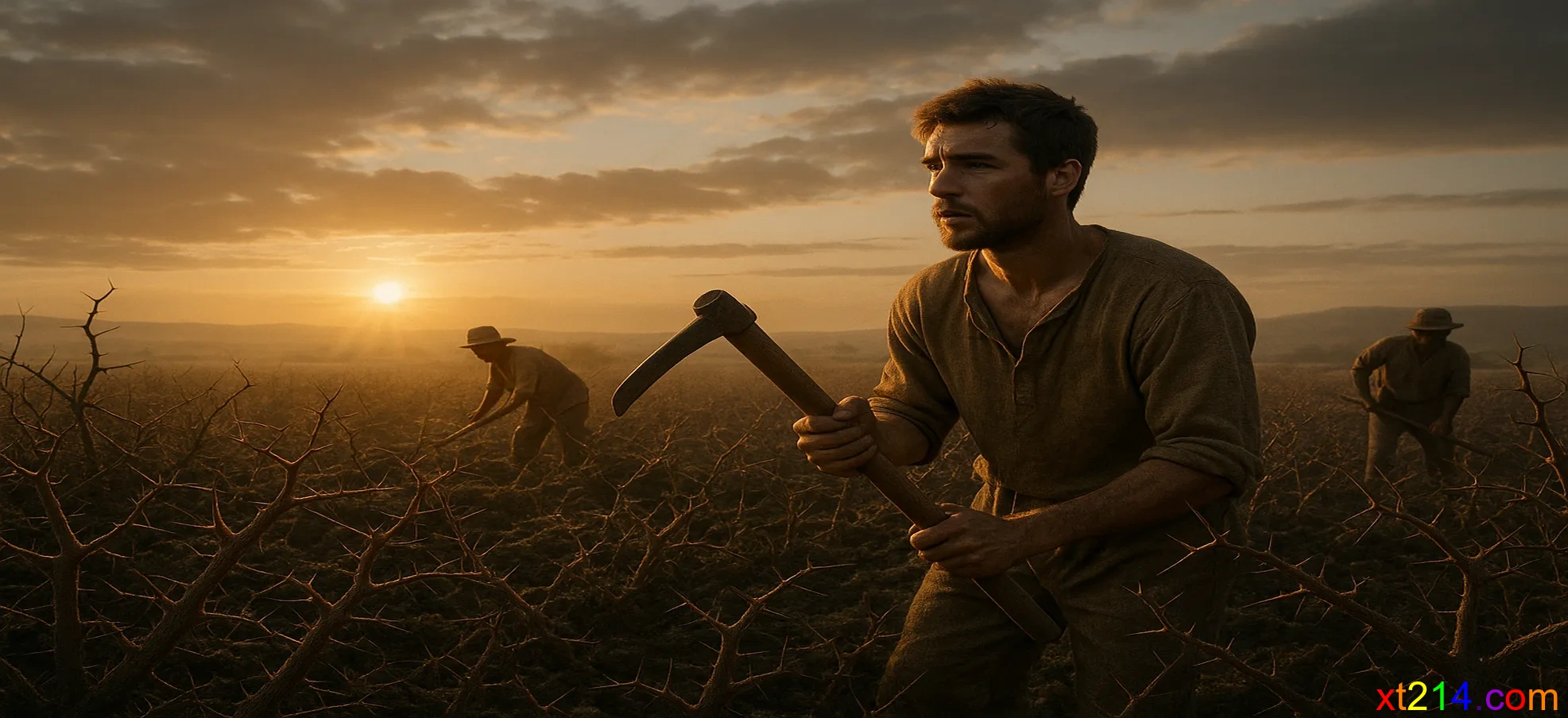 荆棘地中努力工作的人们，虽然环境艰难但眼中有希望